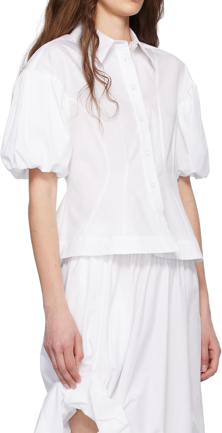 SUNNOW Women's White Cropped Puff Sleeve Blouse Shirt Casual Short Sleeve Tops - Image 2
